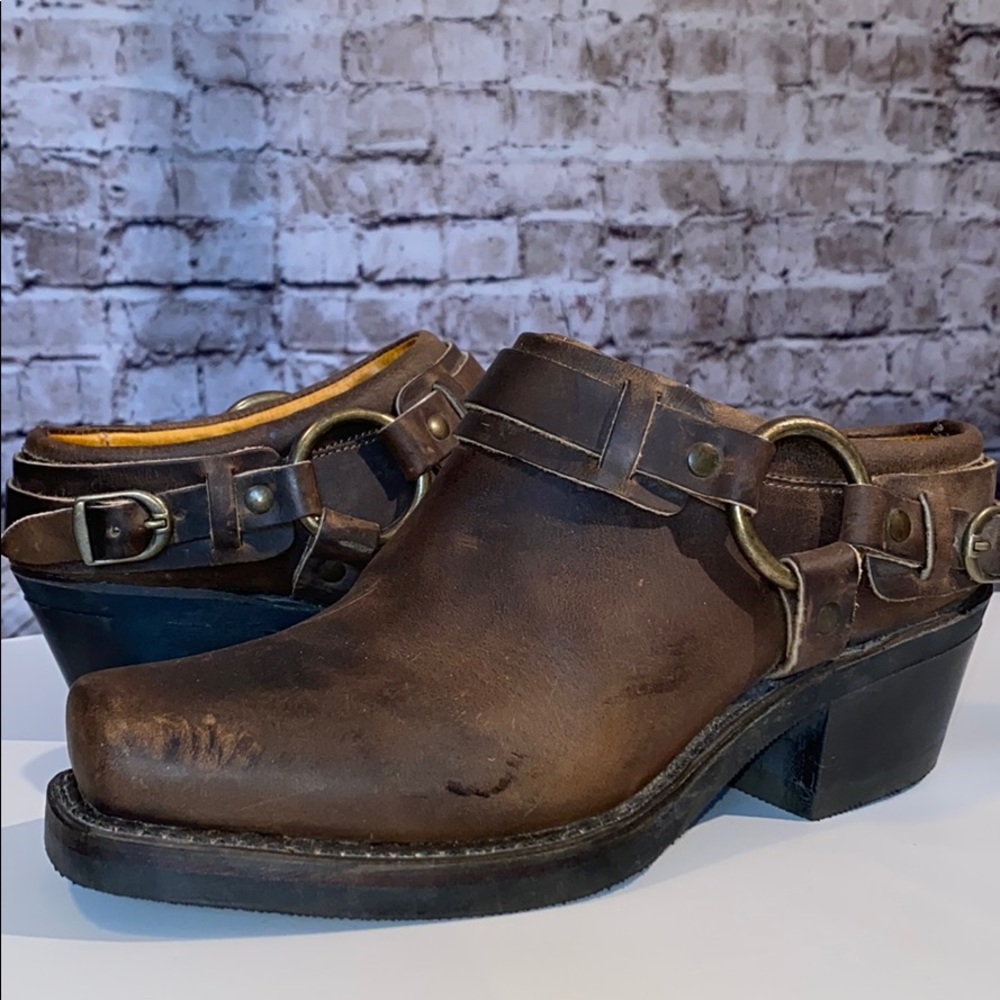 Frye Belted Harness Distressed Brown Leather Mule